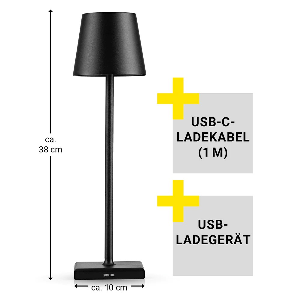 LED asztali lámpa, kültéri – beltéri, vezeték nélküli, érintéssel, 38 cm, fekete