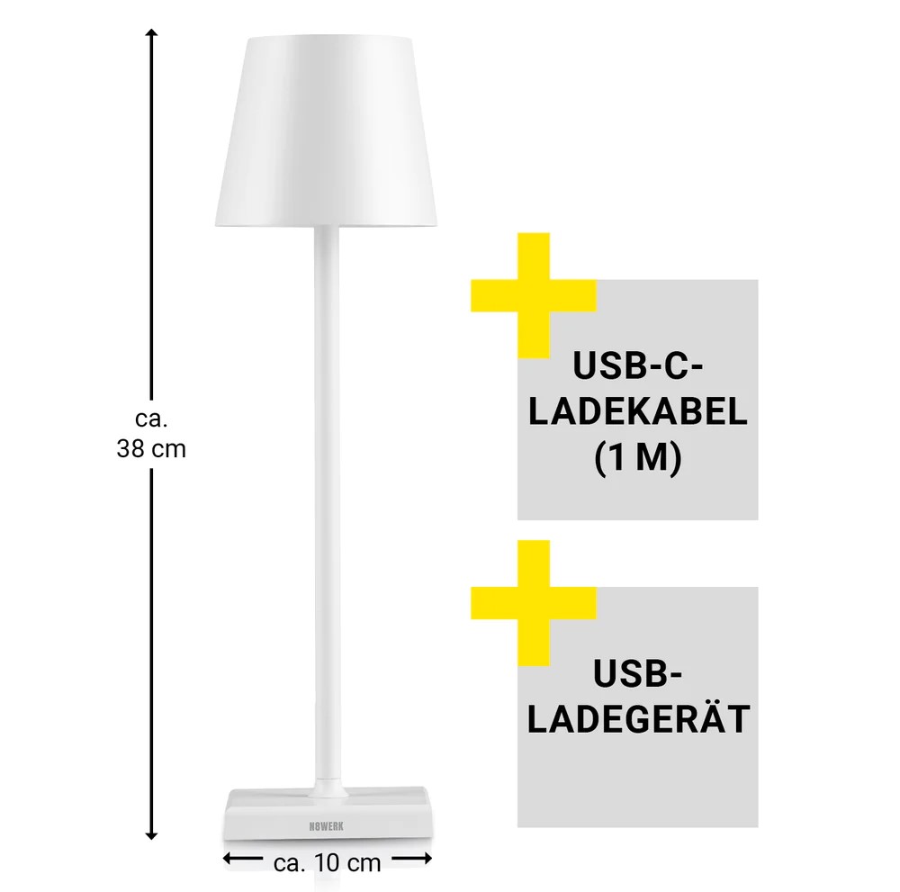 LED asztali lámpa, kültéri – beltéri, vezeték nélküli, érintéssel, 38 cm, fehér